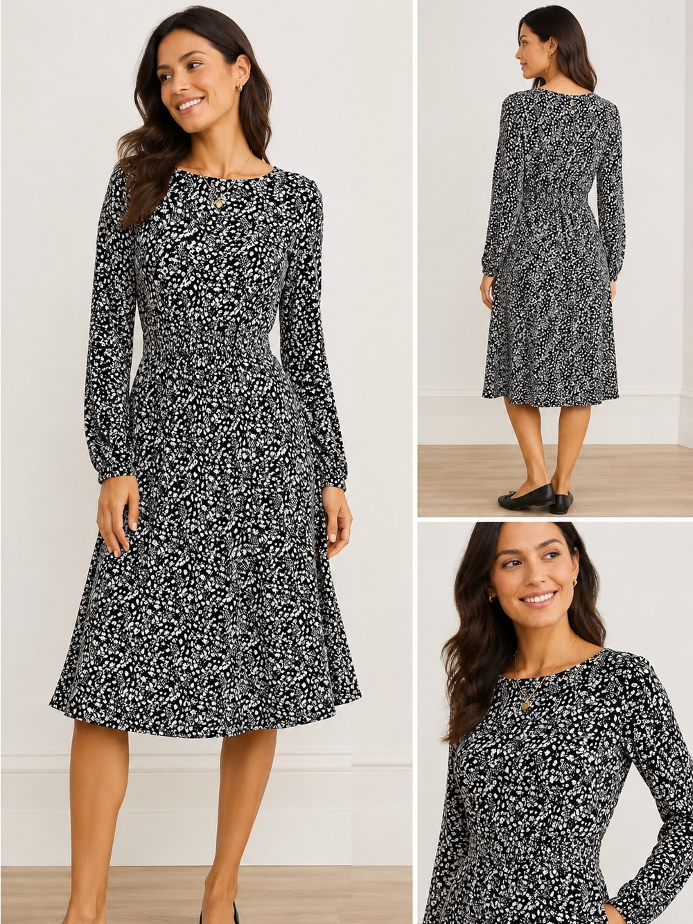 Boden Black White Floral Jersey Midi Dress US 8P UK 12P Long Sleeve EUC